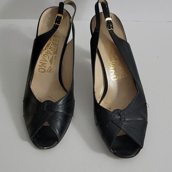 Salvatore Ferragamo Black Leather Peep toe sling backs - Picture 7 of 11